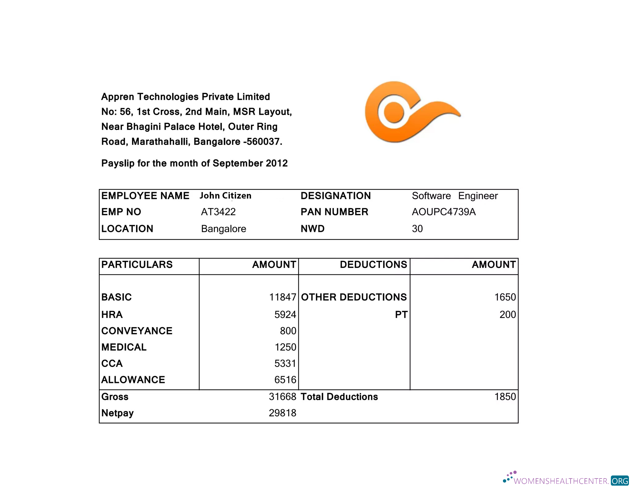 Download INDIA APPREN Technologies Private Limited payslip in Word and PDF formats Photoshop template